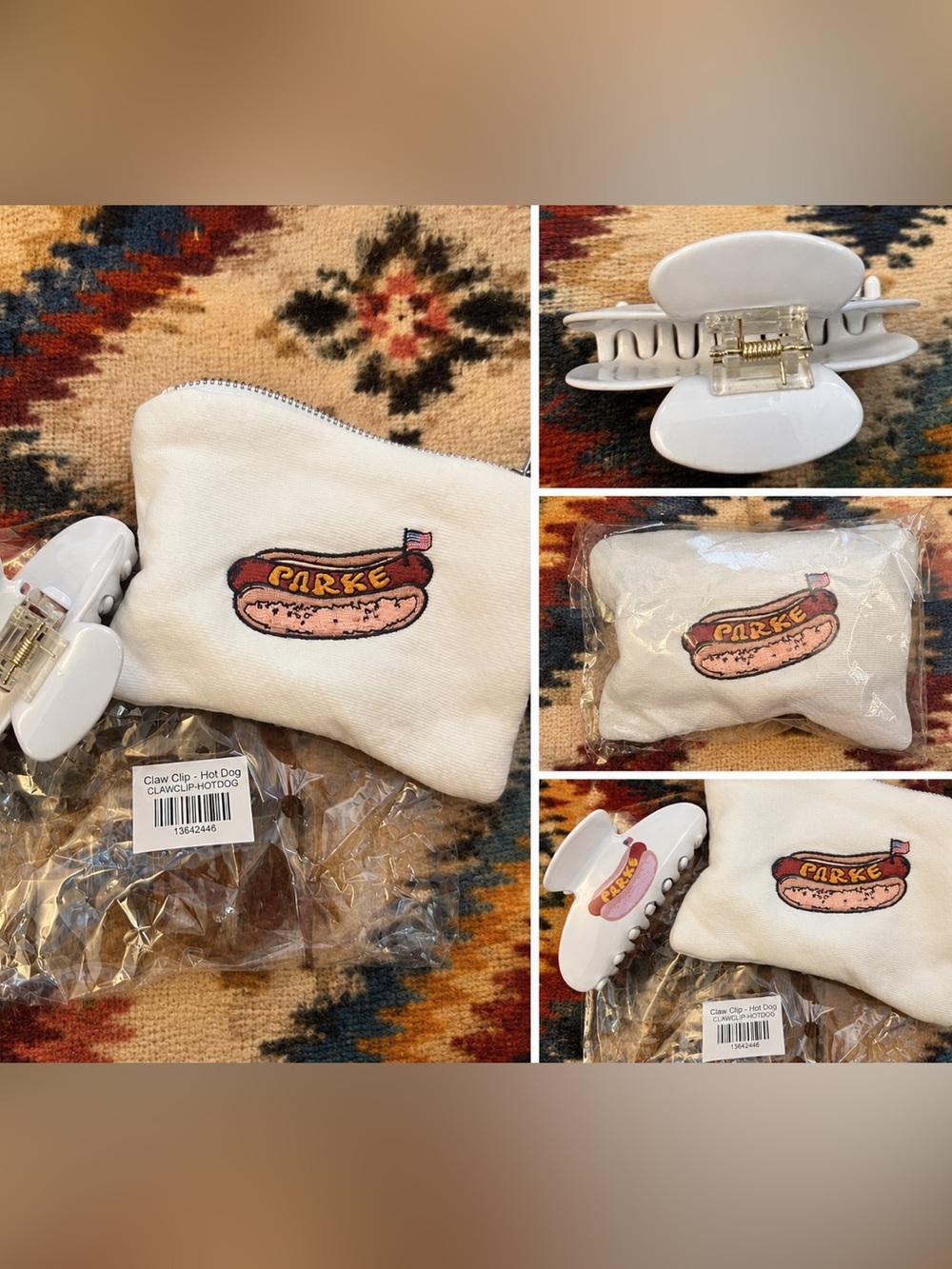 PARKE Embroidered White Hot Dog Pouch & White Hair Claw Clip Sold out